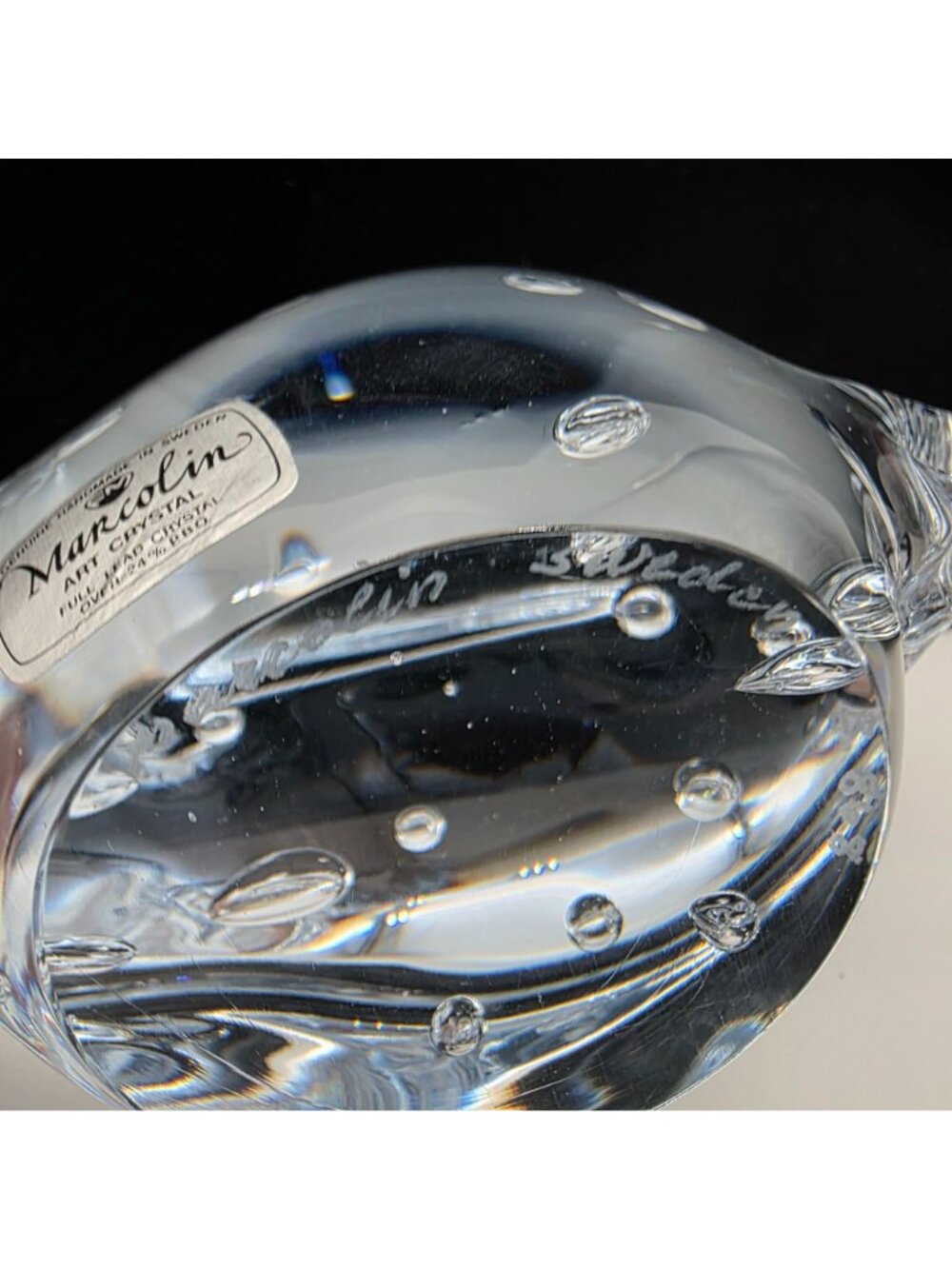 Signed Marcolin Sweden Art Glass Paperweight Fish Figure Bubbles 4.75" Tall - Picture 3 of 12